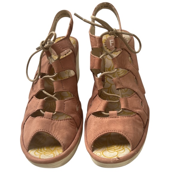Fly London Shoes Sandals Sz 39 US 8 - 8.5 Ankle Strap Wedge Peep Toe Lace Pink - Picture 5 of 9